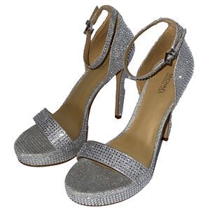 Michael Kors Jordyn Silver Glitter Platform Sandal Heels | Women's 7.5 | NIB